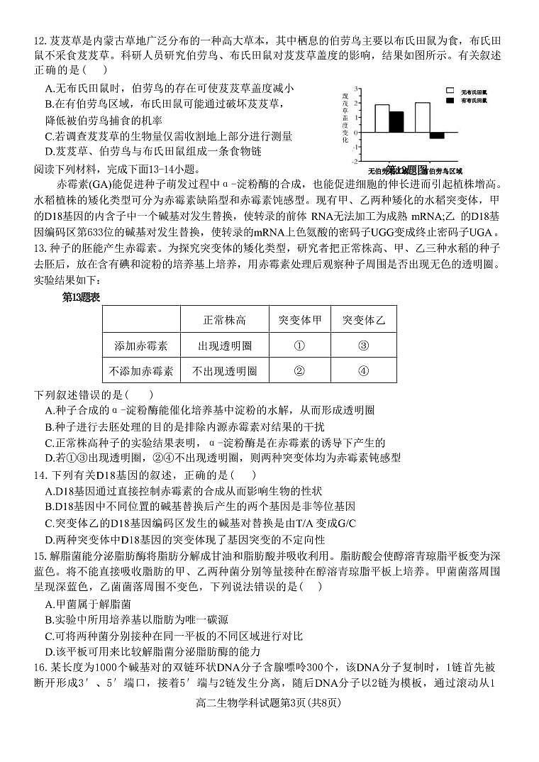 生物丨浙江省温州十校联合体2025届新高三6月期末联考生物试卷及答案03