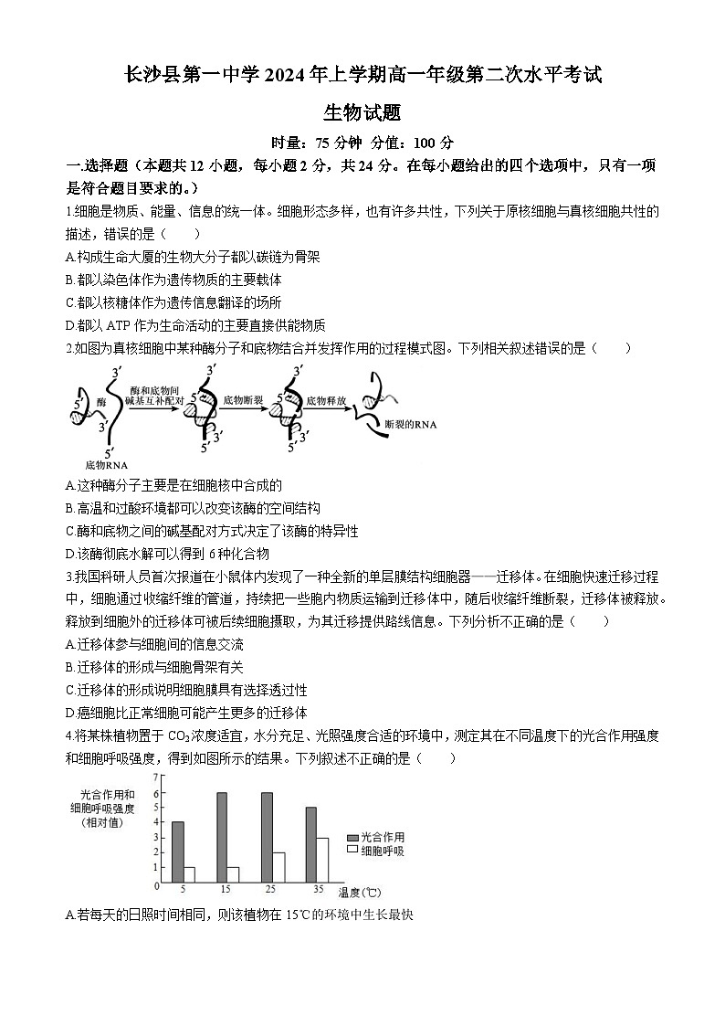 湖南省长沙县第一中学2023-2024学年高一下学期第二次月考生物试题01