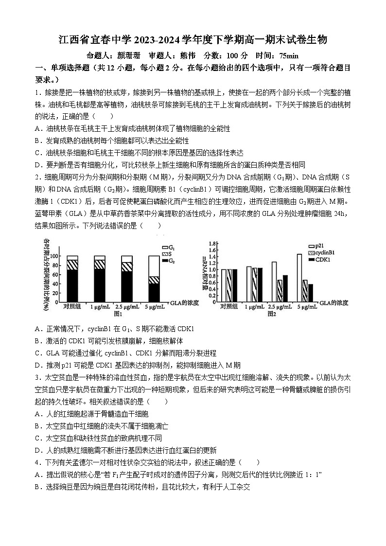 江西省宜春市袁州区江西省宜春中学2023-2024学年高一下学期7月期末生物试题第1页