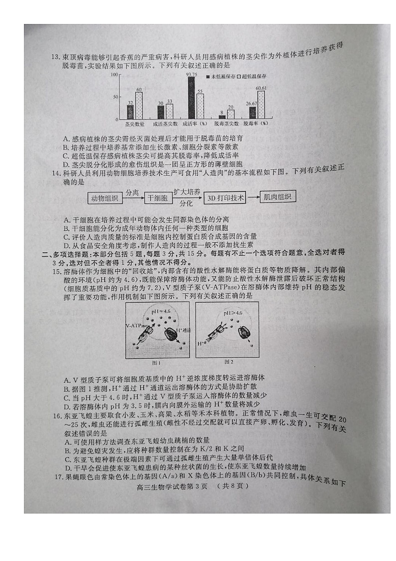 2023届江苏省南京市、盐城市高三下学期第一次调研测（一模）生物试题及答案第3页