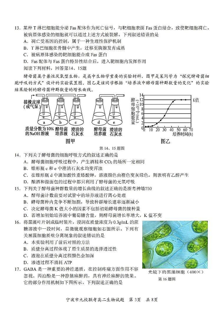 生物丨浙江省宁波市九校联考2025届高三7月期末联考生物试卷及答案第3页