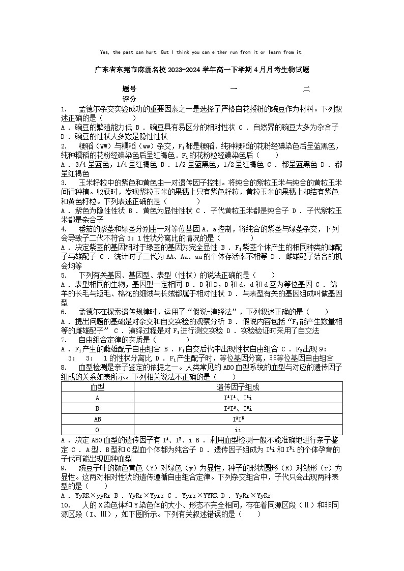 [生物]广东省东莞市麻涌名校2023-2024学年高一下学期4月月考生物试题第1页