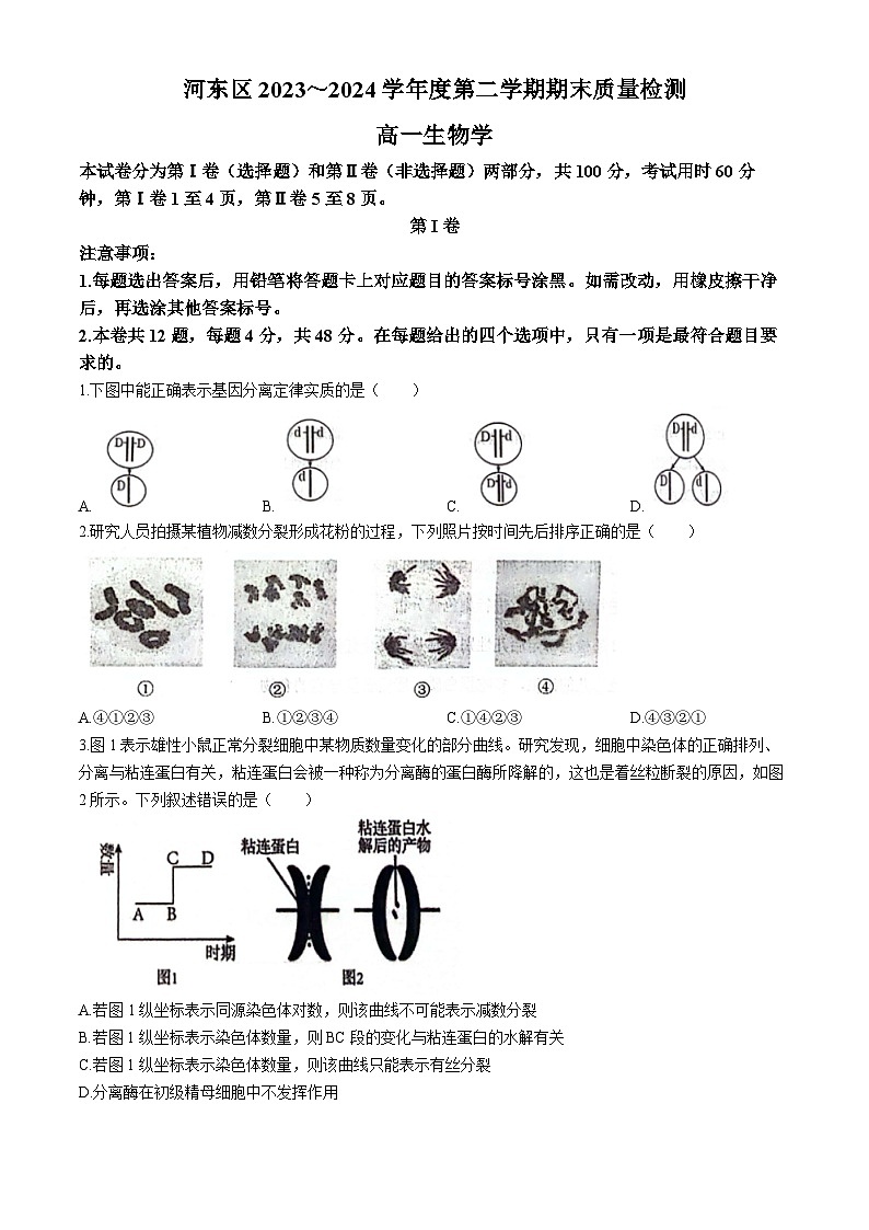 天津市河东区2023-2024学年高一下学期7月期末生物试题(无答案)第1页