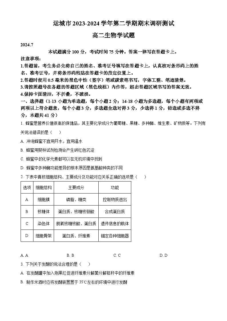 山西省运城市2023-2024学年高二下学期期末考试生物试题（原卷版）第1页