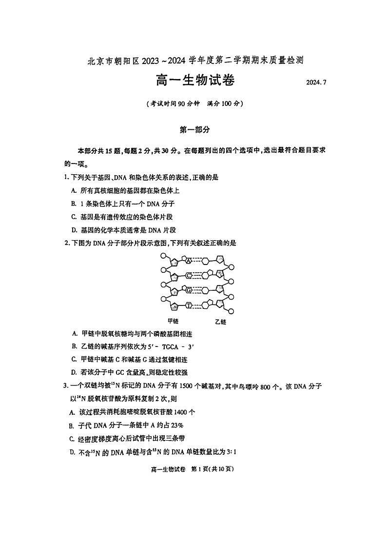 [生物][期末]2024北京朝阳高一下学期期末生物试卷及答案01