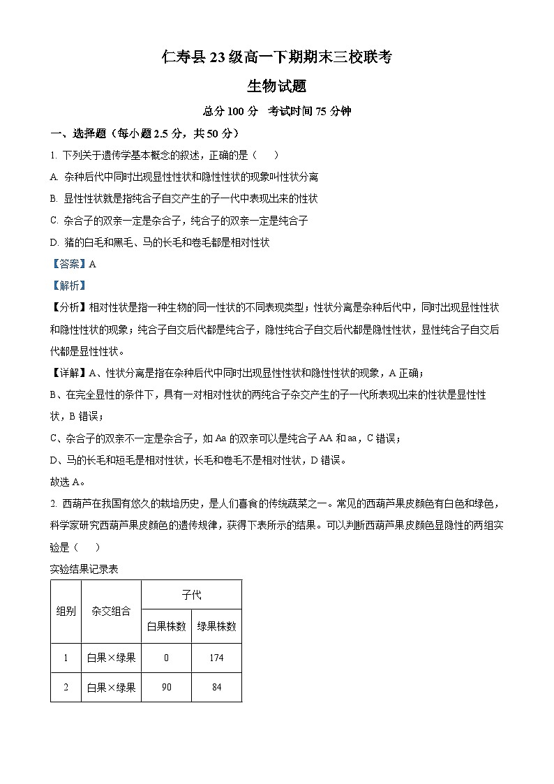四川省眉山市仁寿县三校联考2023-2024学年高一下学期7月期末生物试题（原卷版+解析版）01