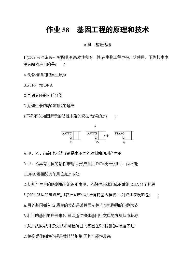 浙科版高考生物一轮复习作业58基因工程的原理和技术含答案01