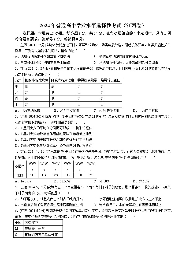 2024年江西高考真题生物试卷(无答案)01