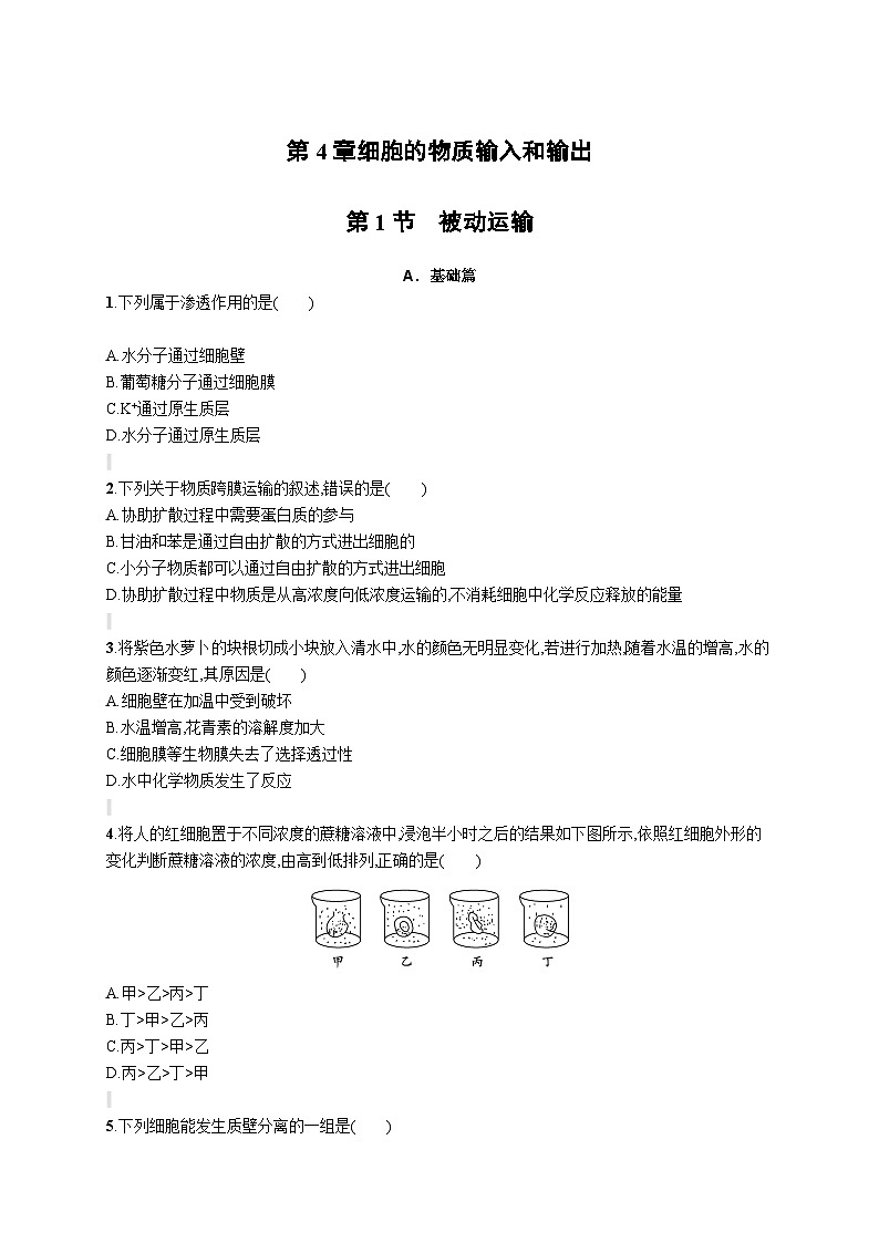人教版（2019）必修一4.1 被动运输练习（含答案解析）01