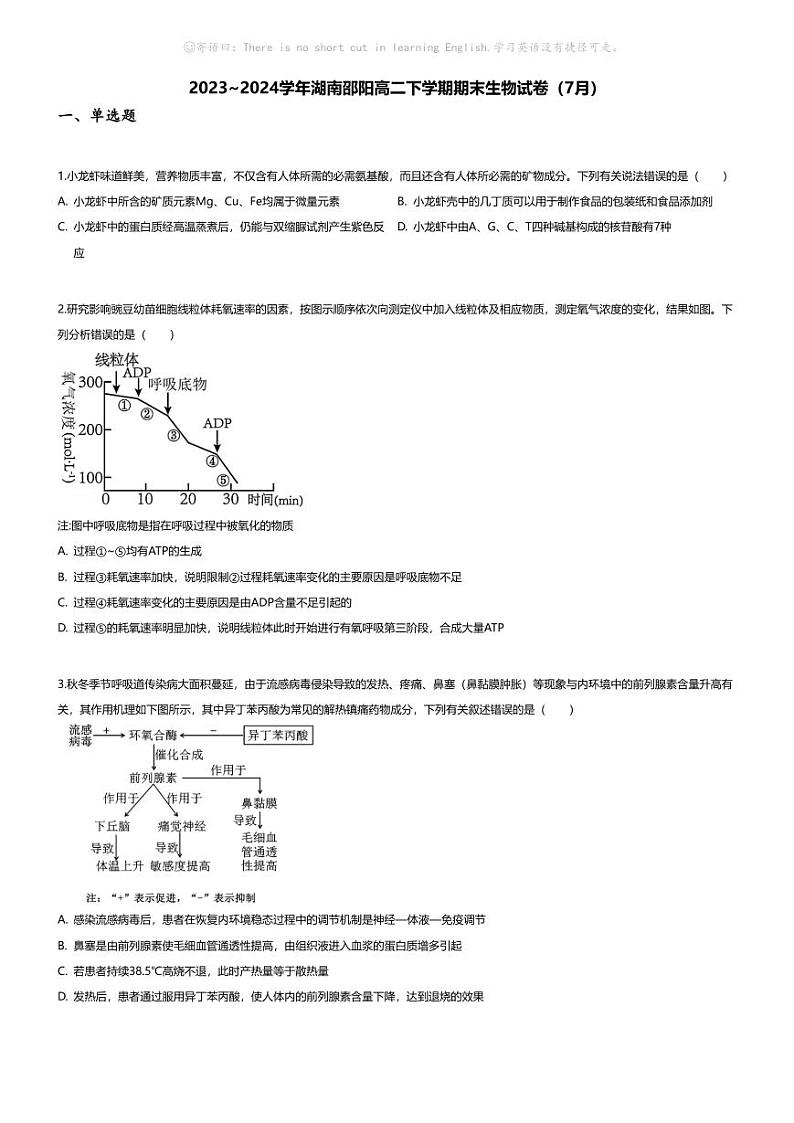 [生物][期末]2023_2024学年湖南邵阳高二下学期期末生物试卷(7月)01