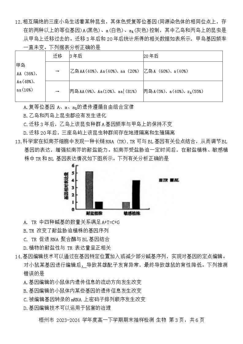 广西梧州市2023-2024学年高一下学期期末抽样检测生物试题03