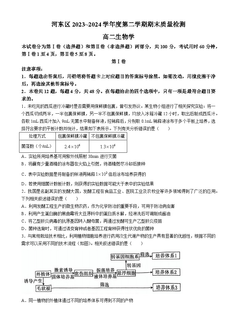 天津市天津市河东区2023-2024学年高二下学期7月期末生物试题(无答案)01