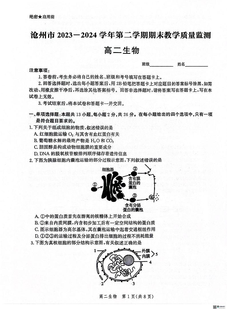 生物丨河北省沧州市2025届高三7月期末教学质量检测考试生物试卷及答案第1页