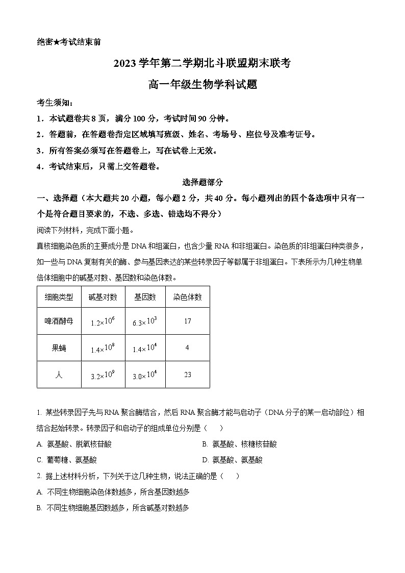浙江省杭州市2023-2024学年高一下学期6月期末生物试题 Word版无答案第1页