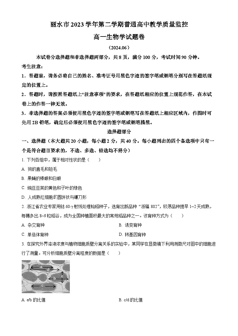 浙江省丽水市2023-2024学年高一下学期6月期末生物试题 Word版无答案第1页