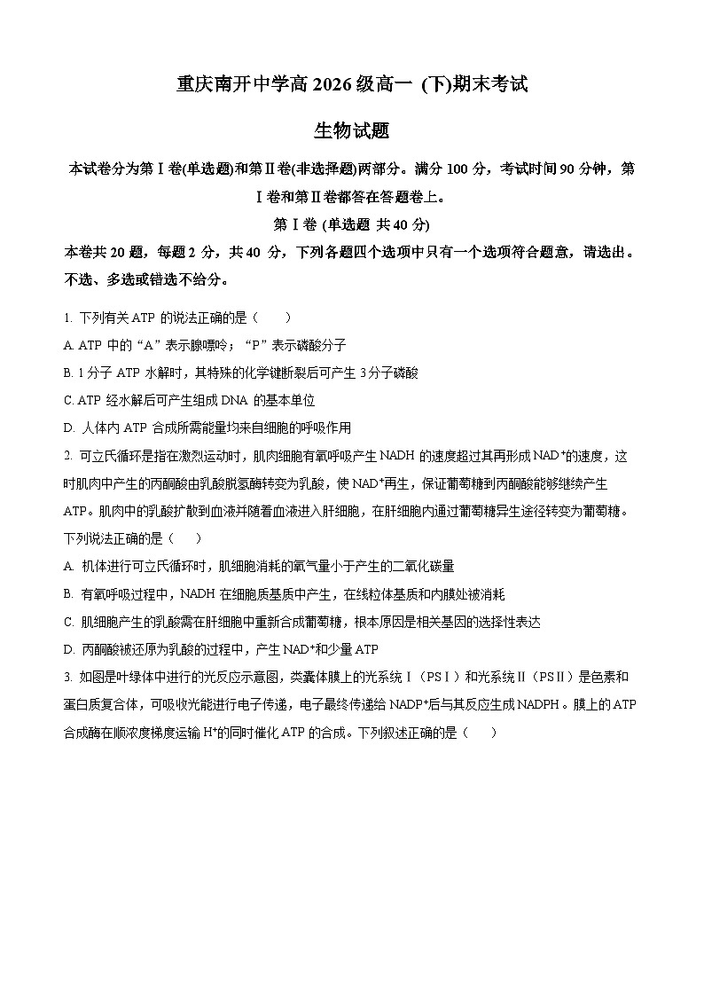 重庆市南开中学2023—2024学年高一下学期期末考试生物试题（Word版附解析）01