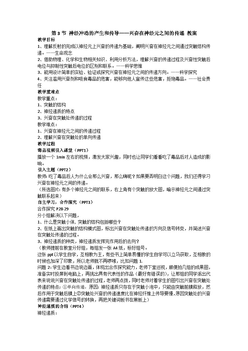 2.3 神经冲动的产生和传导——兴奋在神经元之间的传递 教案-2024-2025学年高二上学期生物人教版选择性必修101