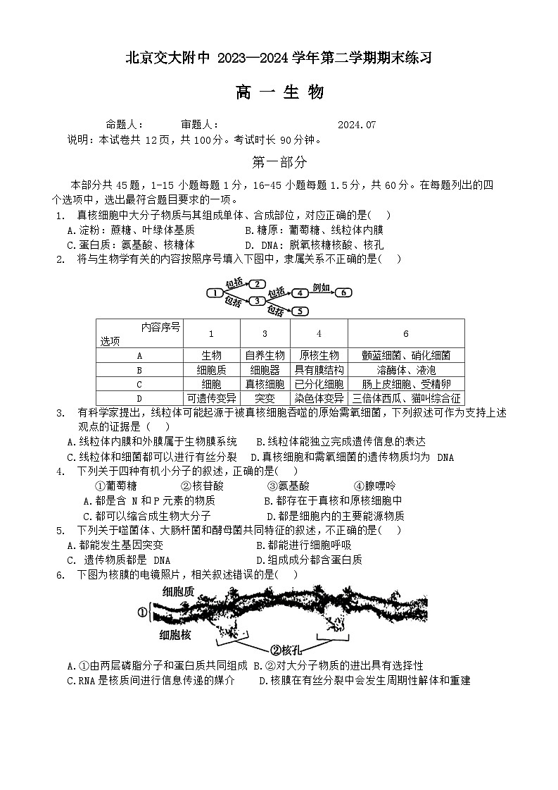 北京交通大学附属中学2023—2024学年高一下学期期末考试生物试卷第1页