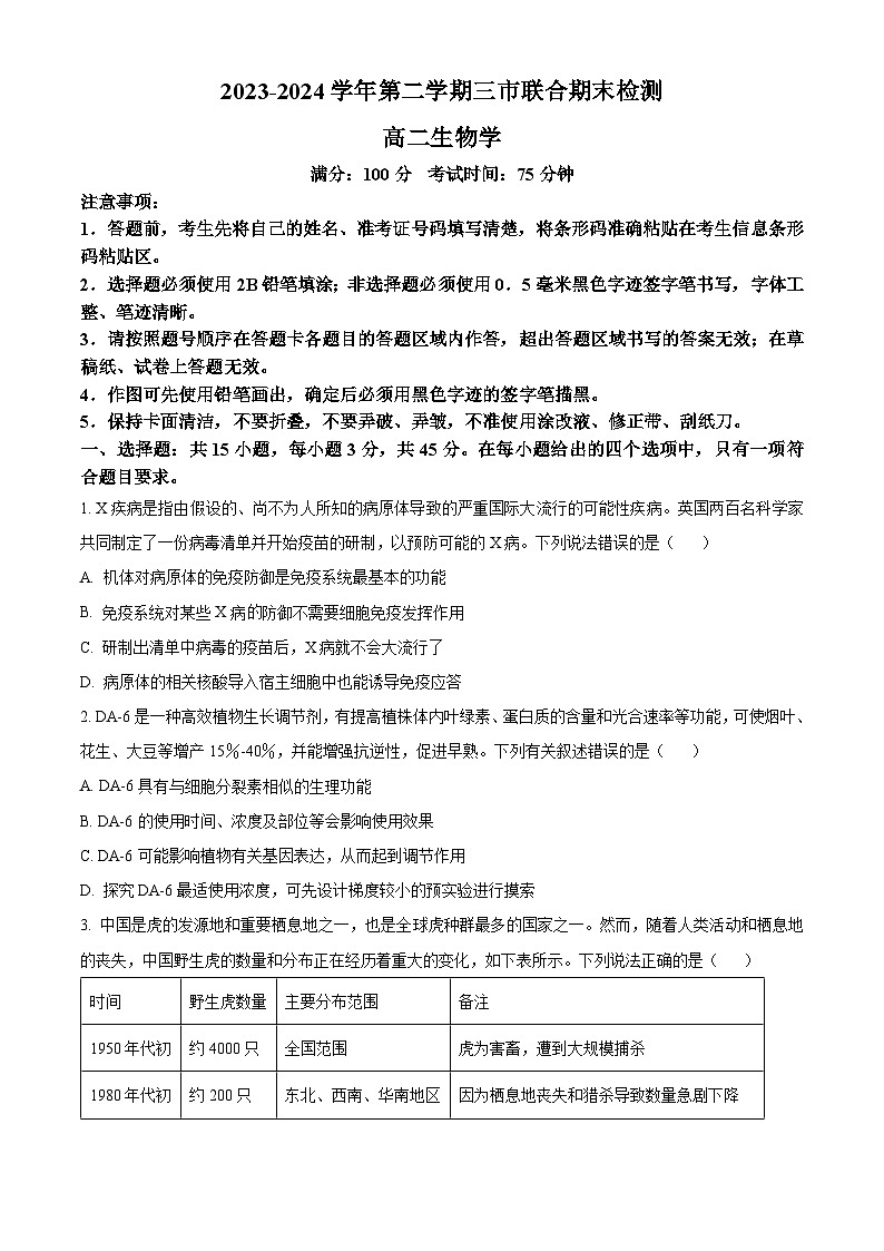 安徽省县中联盟2023-2024学年高二下学期7月期末联考生物试题01