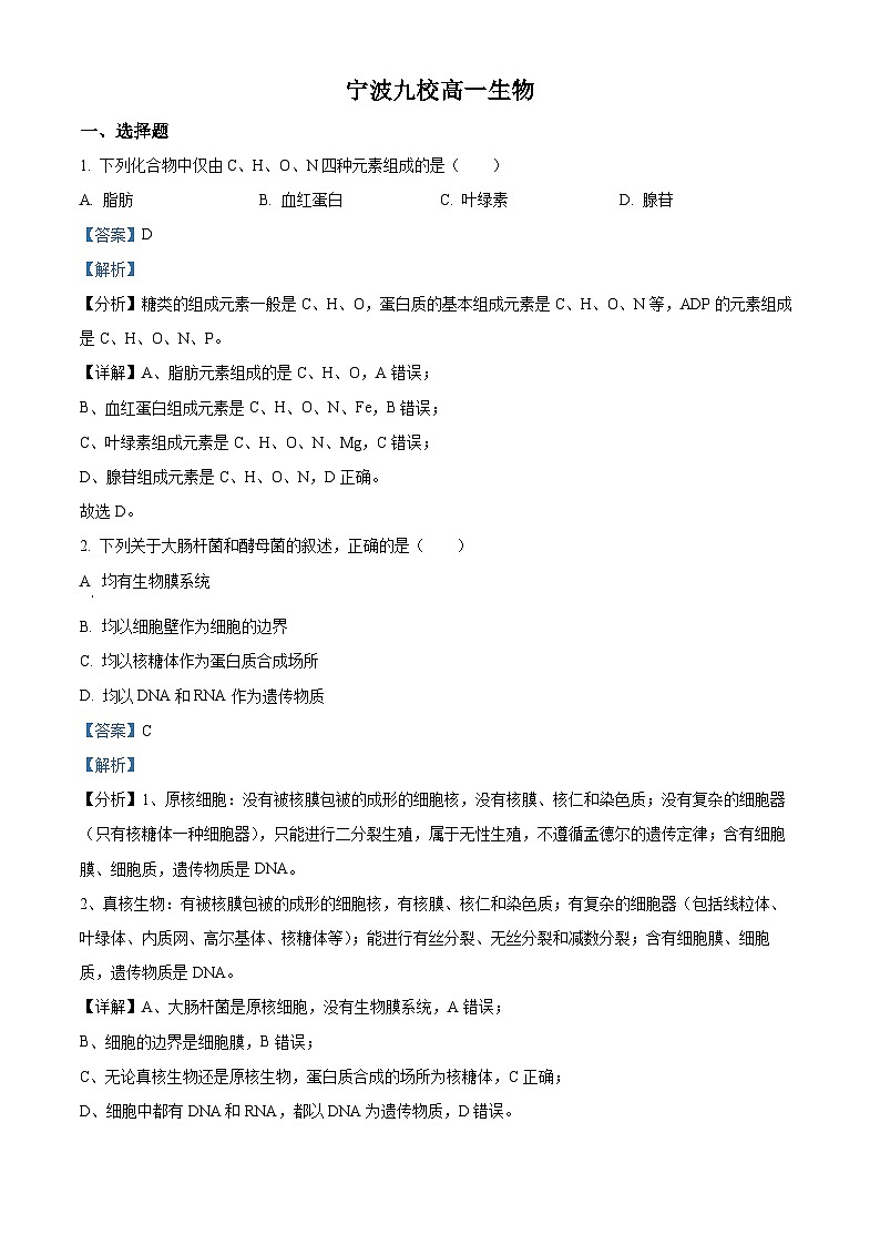浙江省宁波市九校2023-2024学年高一下学期6月期末联考生物试题（Word版附解析）01