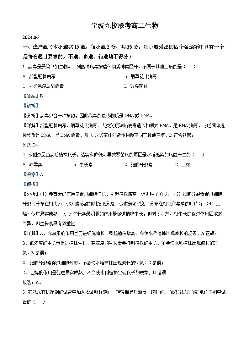 浙江省宁波市九校2023-2024学年高二下学期6月期末联考生物试题（Word版附解析）01