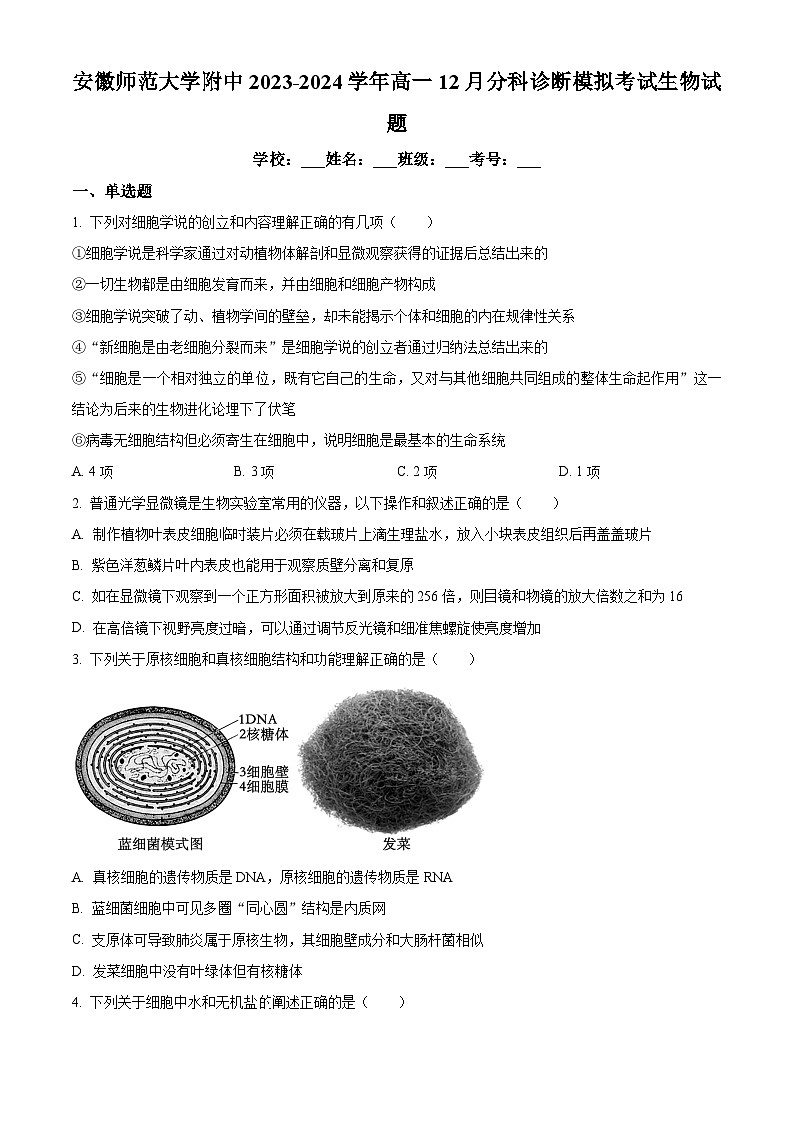 安徽省芜湖市镜湖区安徽师范大学附属中学2023-2024学年高一下学期12月分科诊断模拟考试生物试题 Word版无答案第1页