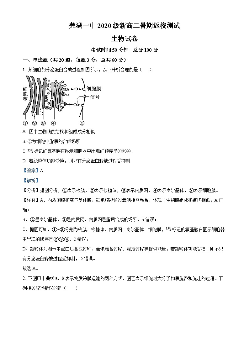 安徽省芜湖市第一中学2021-2022学年新高二上学期暑期返校测试生物试题（Word版附解析）01