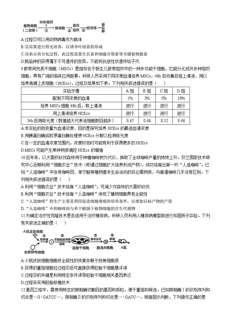 河北省石家庄市2023-2024学年高二下学期期末生物试卷(无答案)03