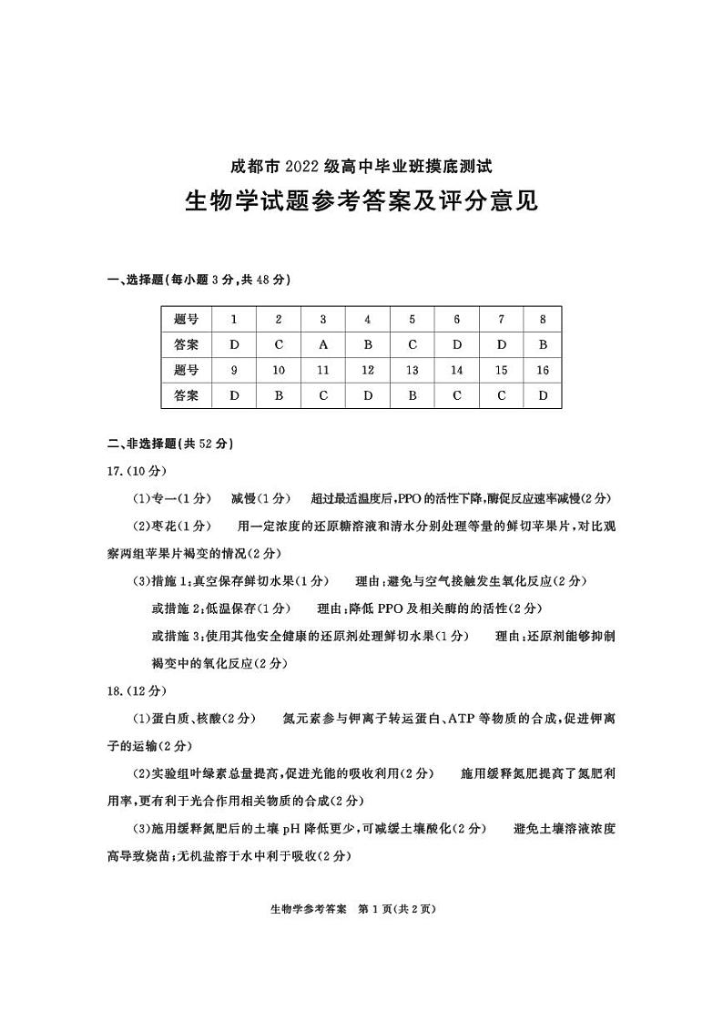 2022级摸底-生物答案第1页