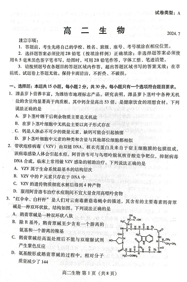 山东省潍坊市2023-2024学年高二下学期期末考试生物试卷01