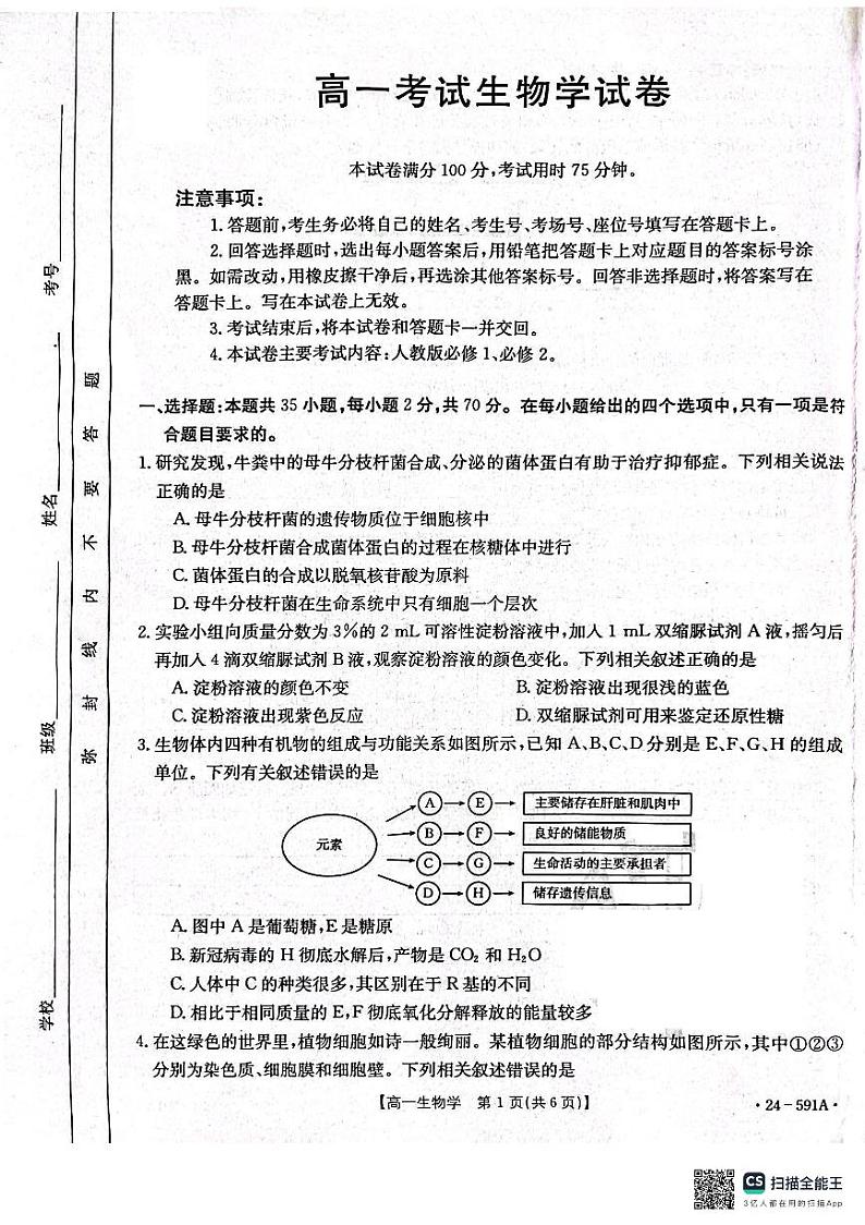 【高一】辽宁省辽阳市2023-2024学年高一下学期期末考试生物01