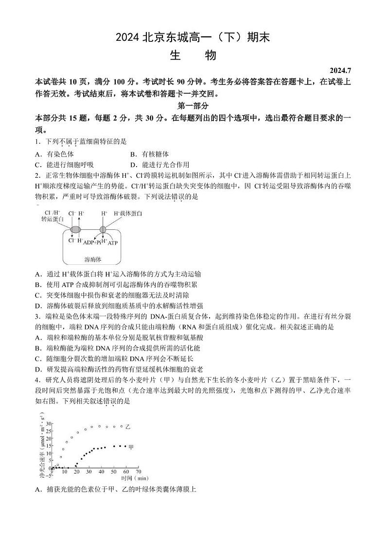 [生物][期末]2024北京东城高一(下)期末生物试卷(教师版)01