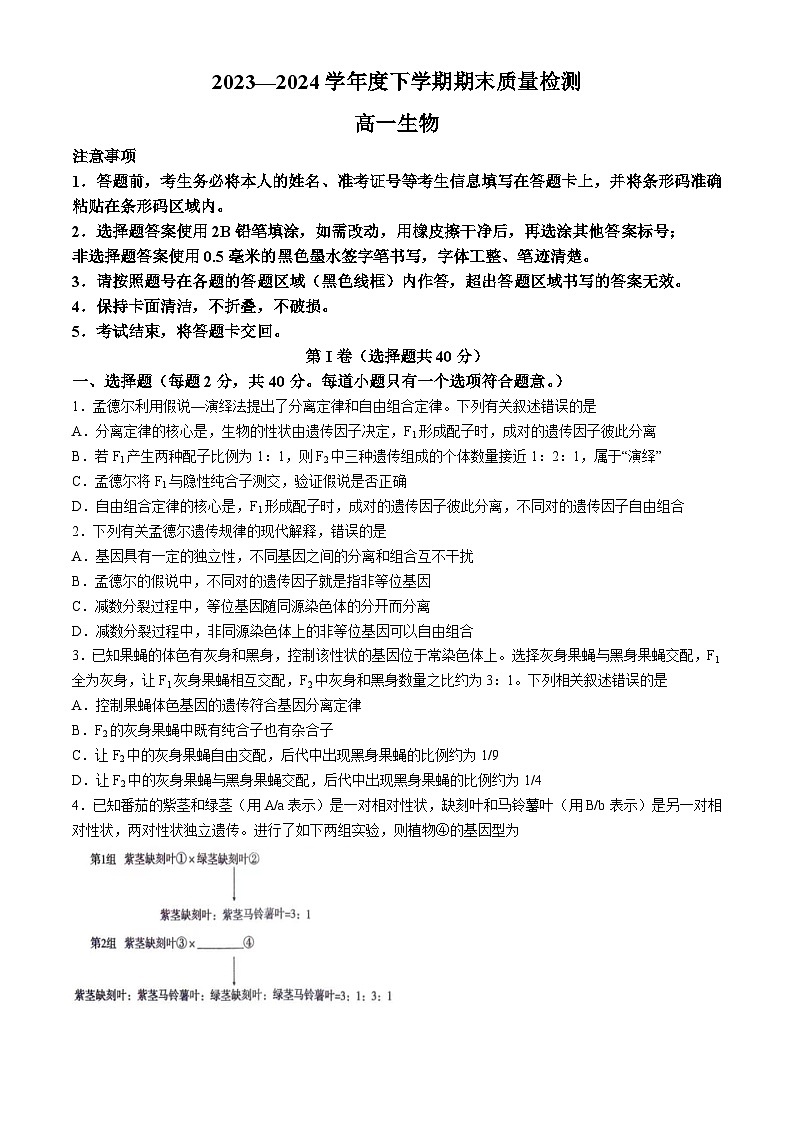 河南省三门峡市2023-2024学年高一下学期期末考试生物试题01