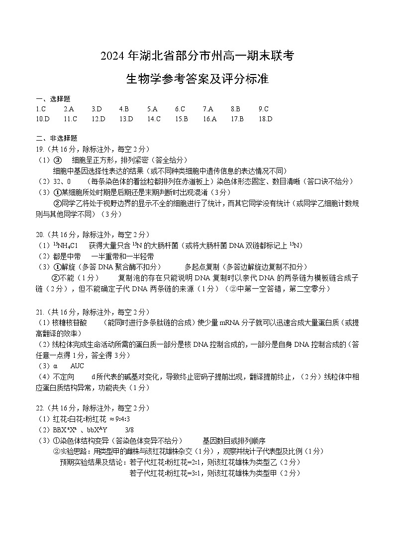 湖北省五市州2023-2024学年高一下学期期末考试生物答案第1页