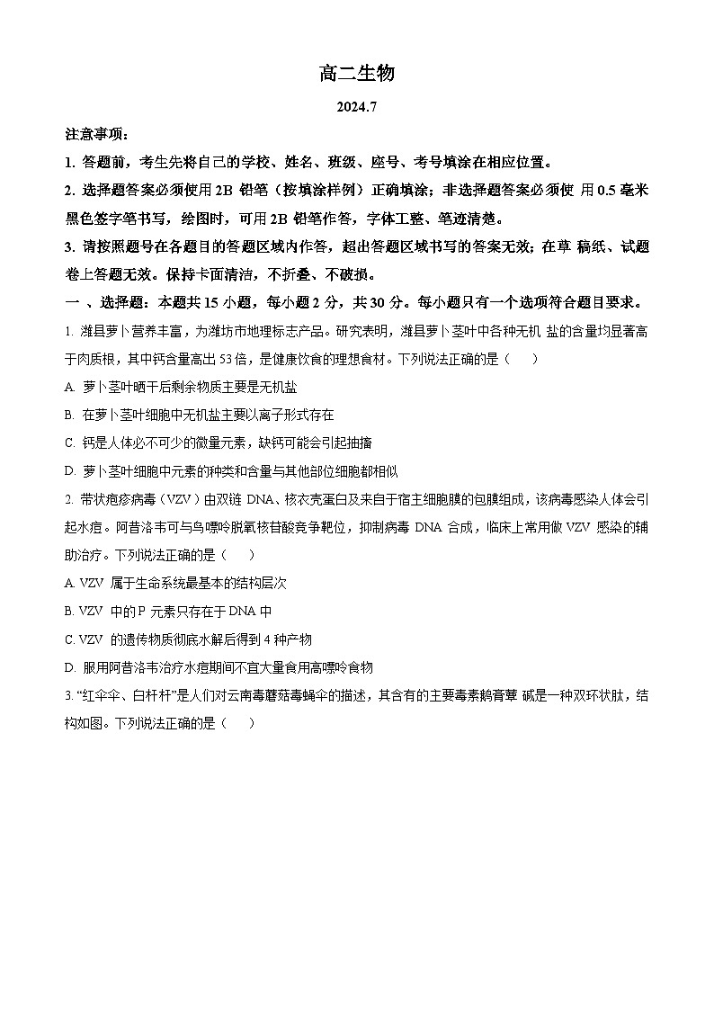 山东省潍坊市2024年7月高二年级下学期期末学习质量检测生物试题01