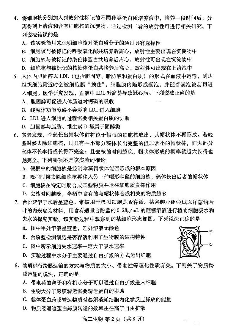 山东省潍坊市2024年7月高二年级下学期期末学习质量检测生物02