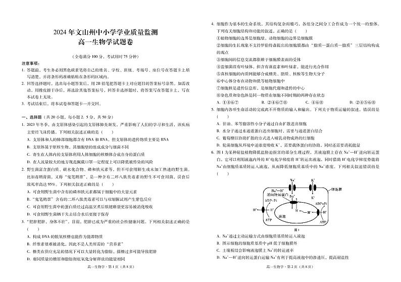 云南省文山州中小学2023-2024学年高一下学期期末学业质量监测生物试题第1页