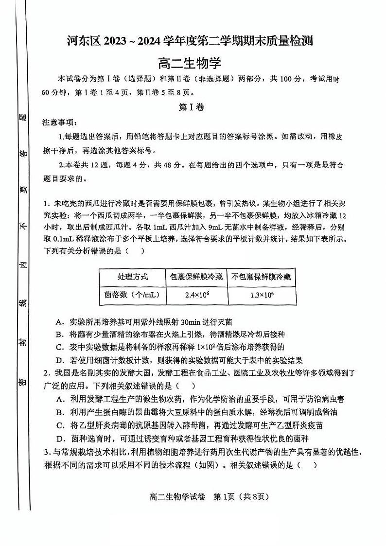 天津市天津市河东区2023-2024学年高二下学期7月期末生物试题01