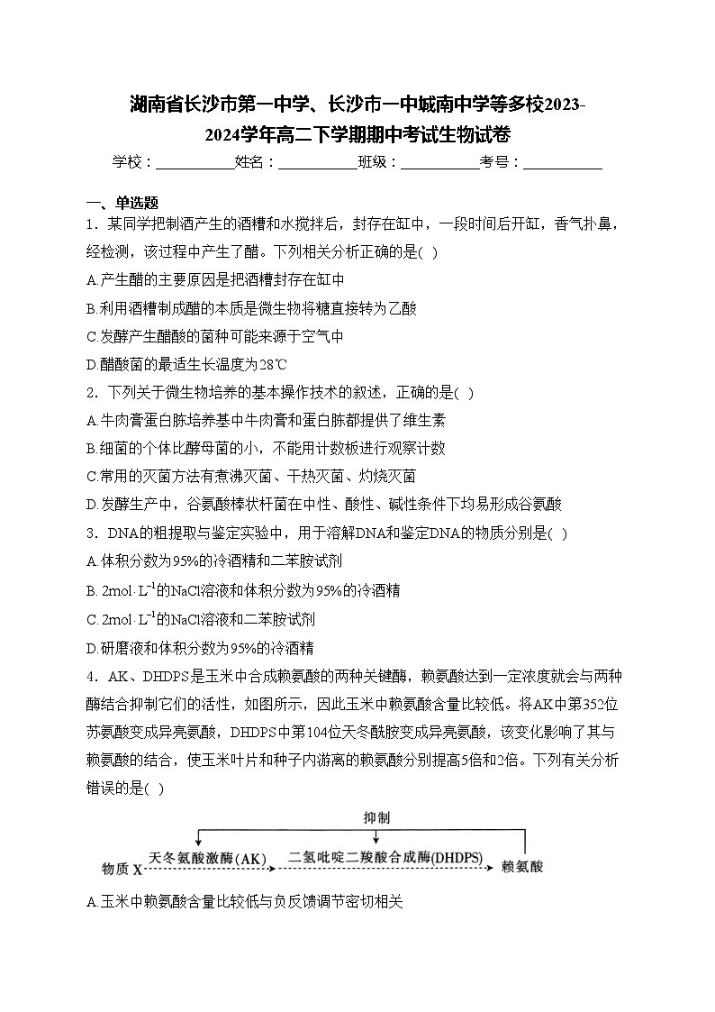 湖南省长沙市第一中学、长沙市一中城南中学等多校2023-2024学年高二下学期期中考试生物试卷(含答案)01