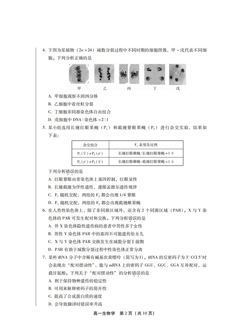 [生物]2024北京丰台高一下学期期末生物试卷及答案第2页