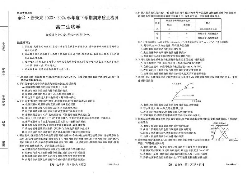 生物丨金科新未来河南省2025届高三7月期末质量检测联考生物试卷及答案01