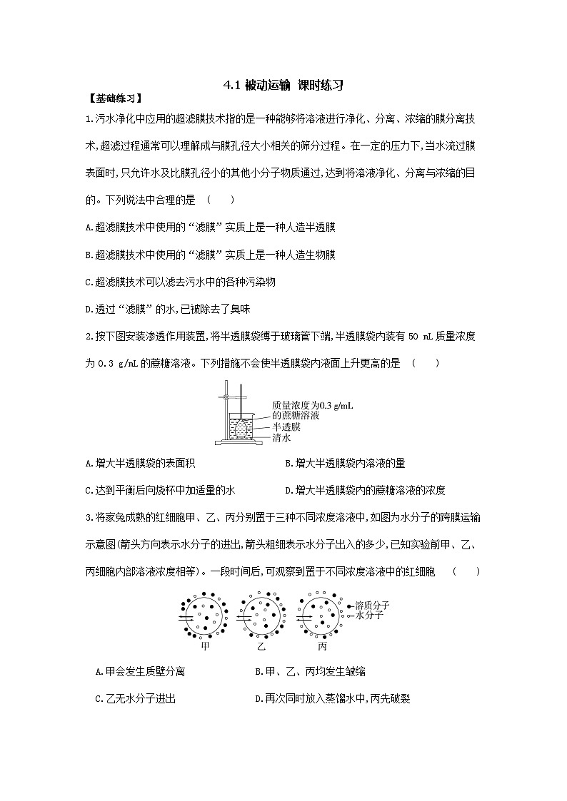 新人教版  高一 生物必修一  第四章 第一节 被动运输  课时练（含答案）第1页