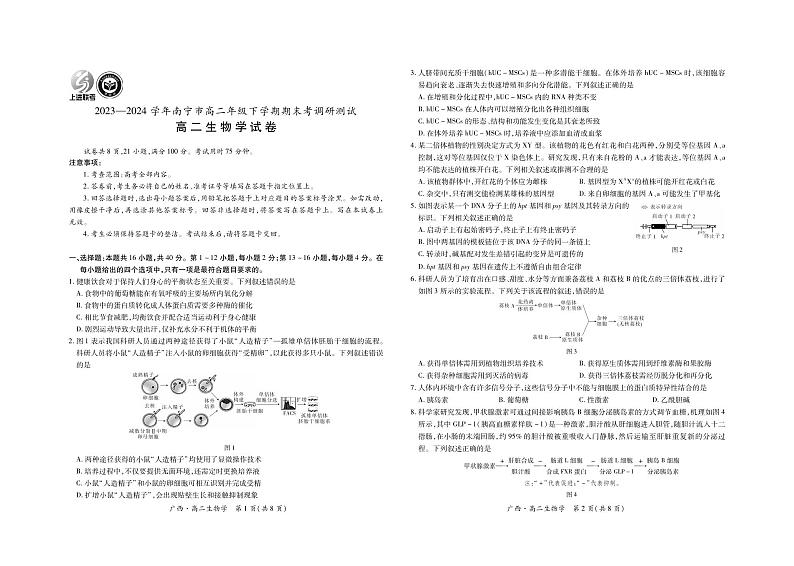 生物-广西上进联考·2023-2024学年南宁市高二年级下学期期末考试调研测试试题和答案01