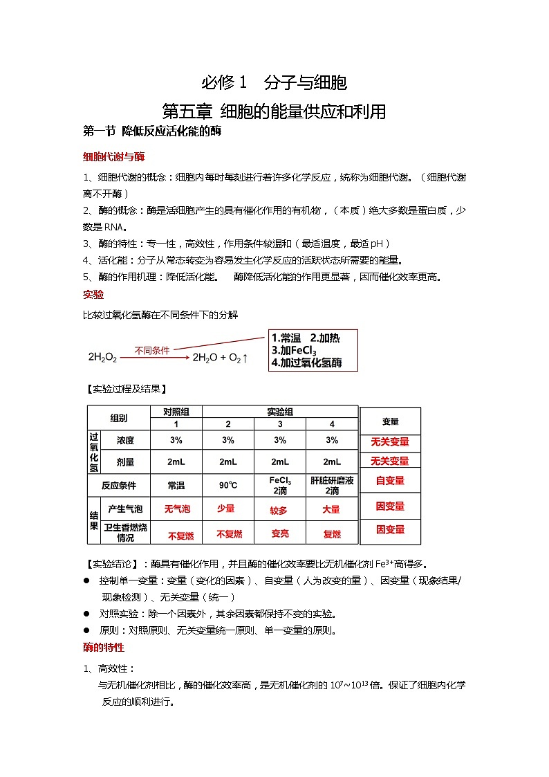 新人教版  高一 生物必修一  第五章 第一节 降低化学反应活化能的酶  知识清单01