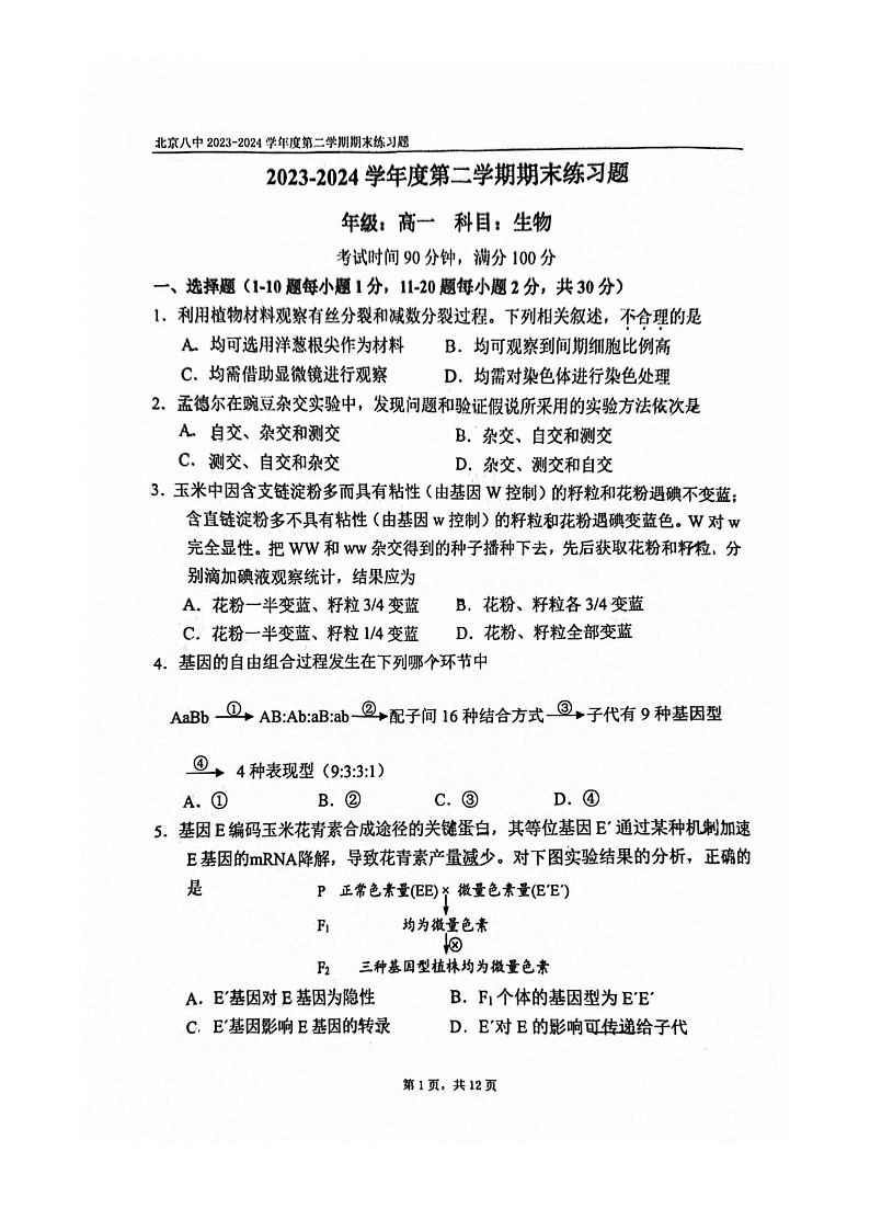 2024北京八中高一下学期期末生物试卷及答案第1页