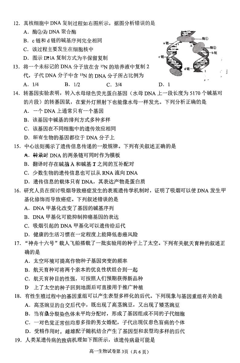 生物-四川省南充市2023-2024学年高一年级下学期学业整理监测暨7月期末考试试题和答案03