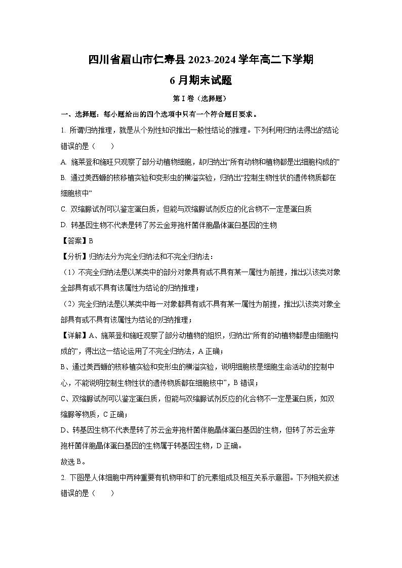 [生物][期末]四川省眉山市仁寿县2023-2024学年高二下学期6月期末试题(解析版)01