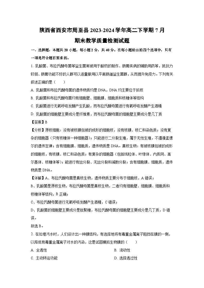 [生物][期末]陕西省西安市周至县2023-2024学年高二下学期7月期末教学质量检测试题(解析版)01