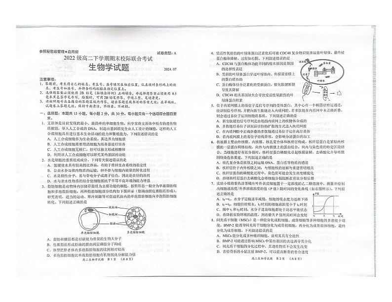 山东省日照市2023-2024学年高二下学期期末考试生物试题第1页