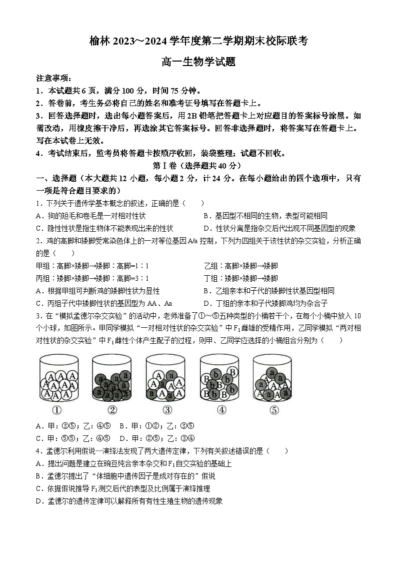 陕西省榆林市2023-2024学年高一下学期期末校际联考生物试题01
